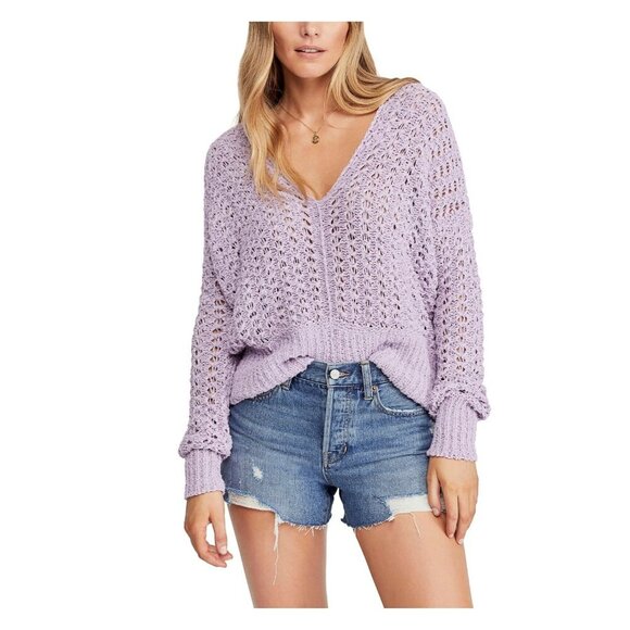 FREE PEOPLE Best Of You V-Neck Open Knit Sweater Lavender Purple - Picture 1 of 8